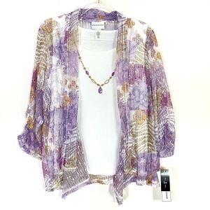 Alfred Dunner Garden Party Mesh 2-in-1 Top 3/4 Sleeve w/Necklace Womens NWT
